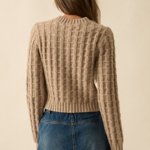 Naomi Cable Knit Button-Up Cardigan Sweater | Women's Taupe Neutral Winter Top - Picture 4 of 9
